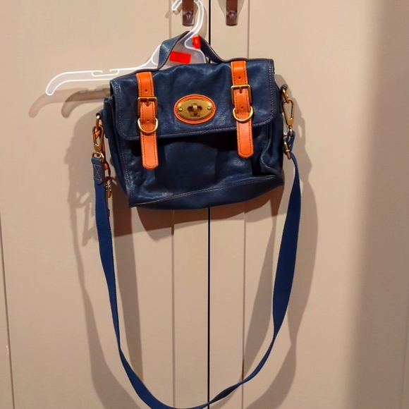 Fossil navy leather satchel with brown leather detail and gold hardware. - Picture 1 of 10